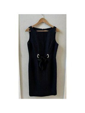 Taylor Black Matelasse Sheath Dress Rhinestone Bow Accent Wool Blend Size 8